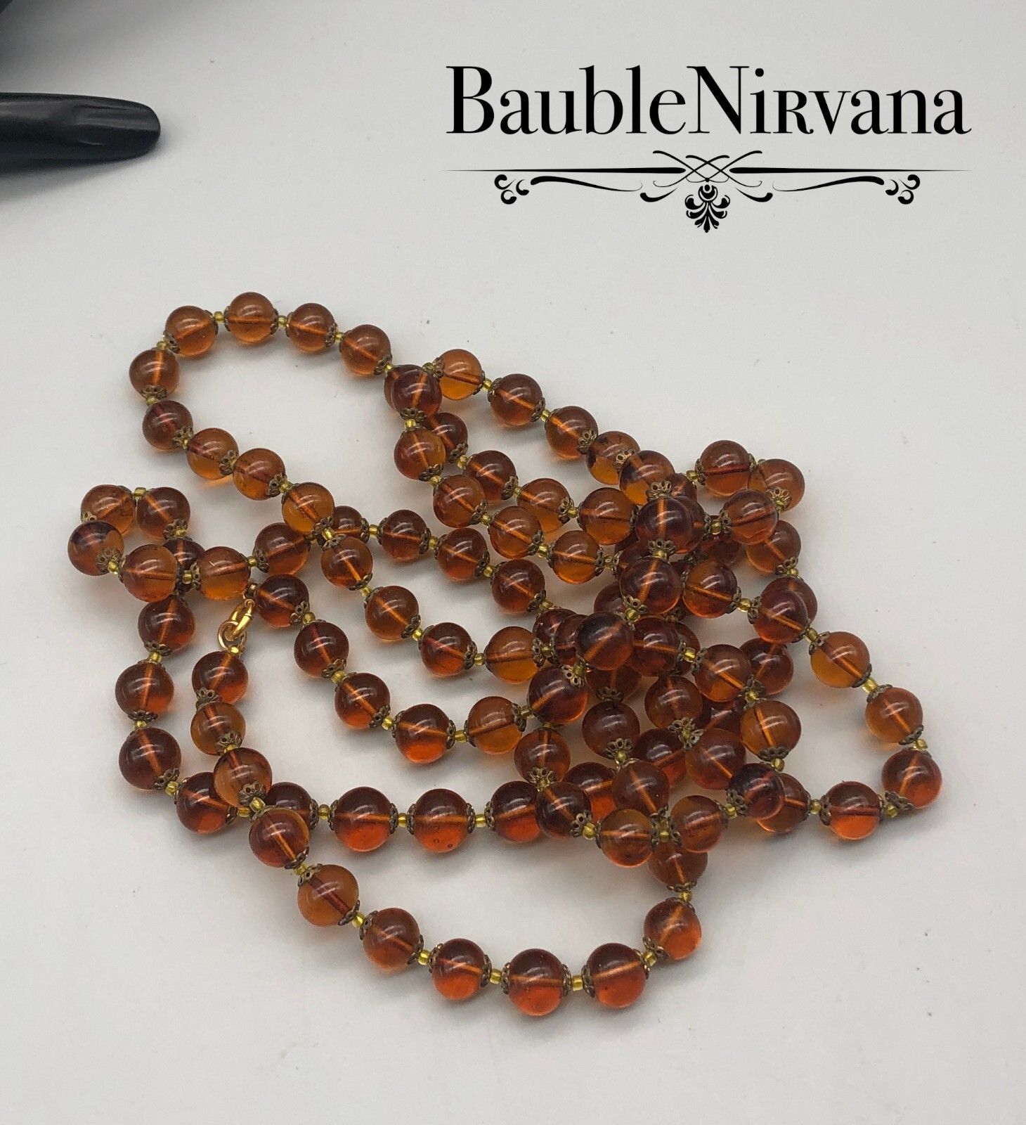 Vintage Dark Golden Amber Brown Glass Cabochon & Brass Long Bead Necklace