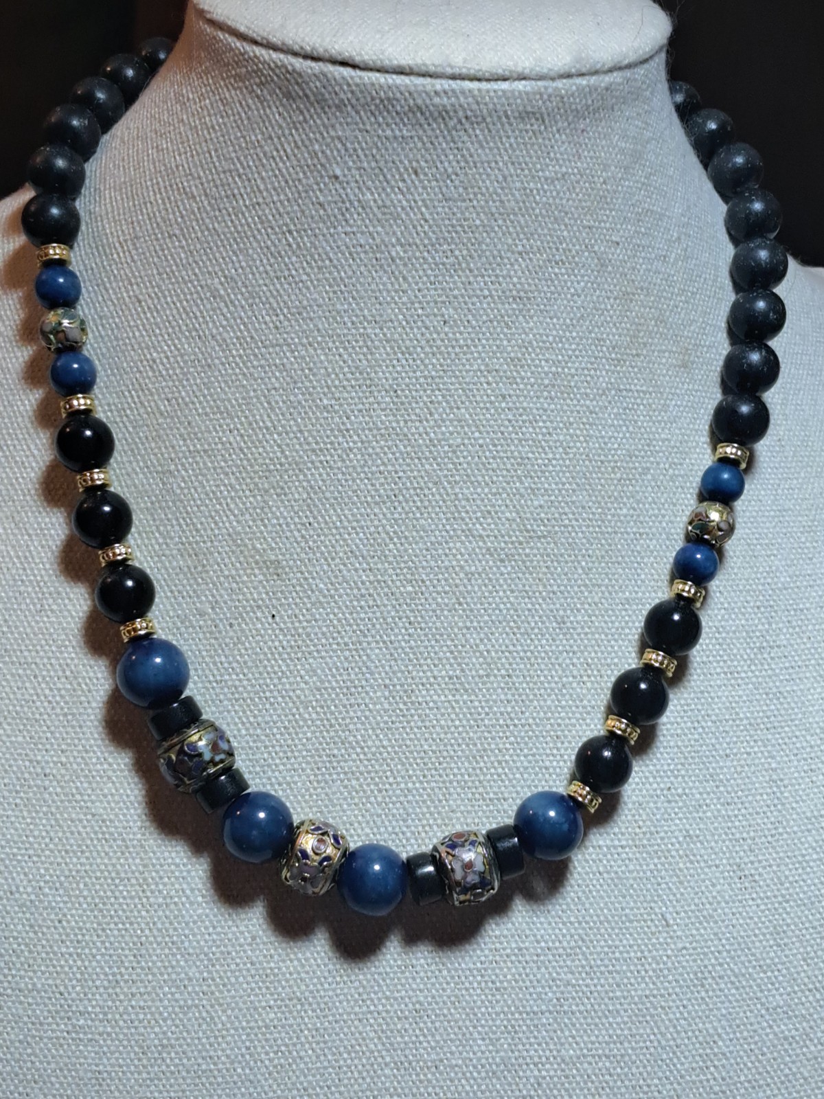 Estate Vintage Stunning Cloisonne Blue Sodalite Lava Bead Statement Necklace EUC