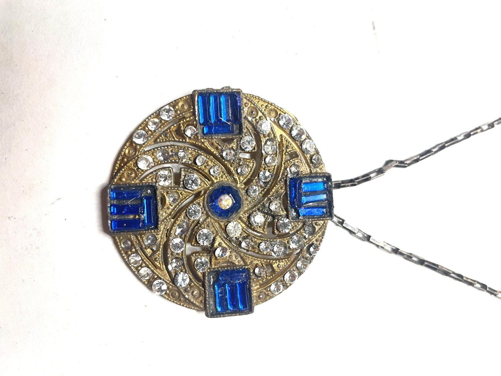 925 Sterling Silver Antique Art Deco Blue & White Rhinestone Necklace 14″
