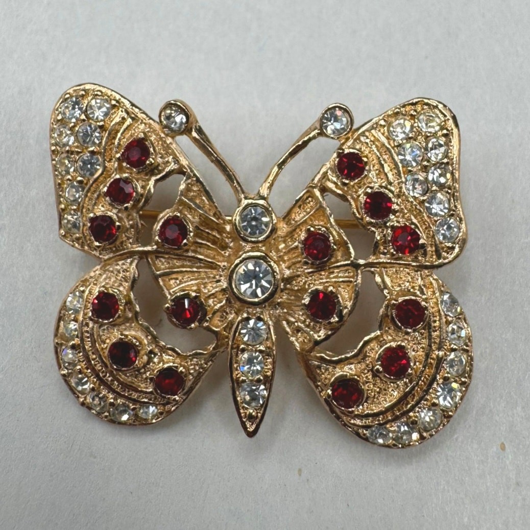 Vintage Roman Butterfly Rhinestone Red White Gold Tone Brooch Pin