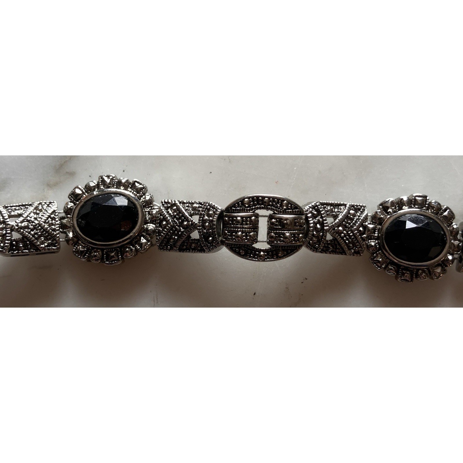 Vintage Silvertone Marcasite Black Stone 7.5″ Bracelet Sparkle EUC