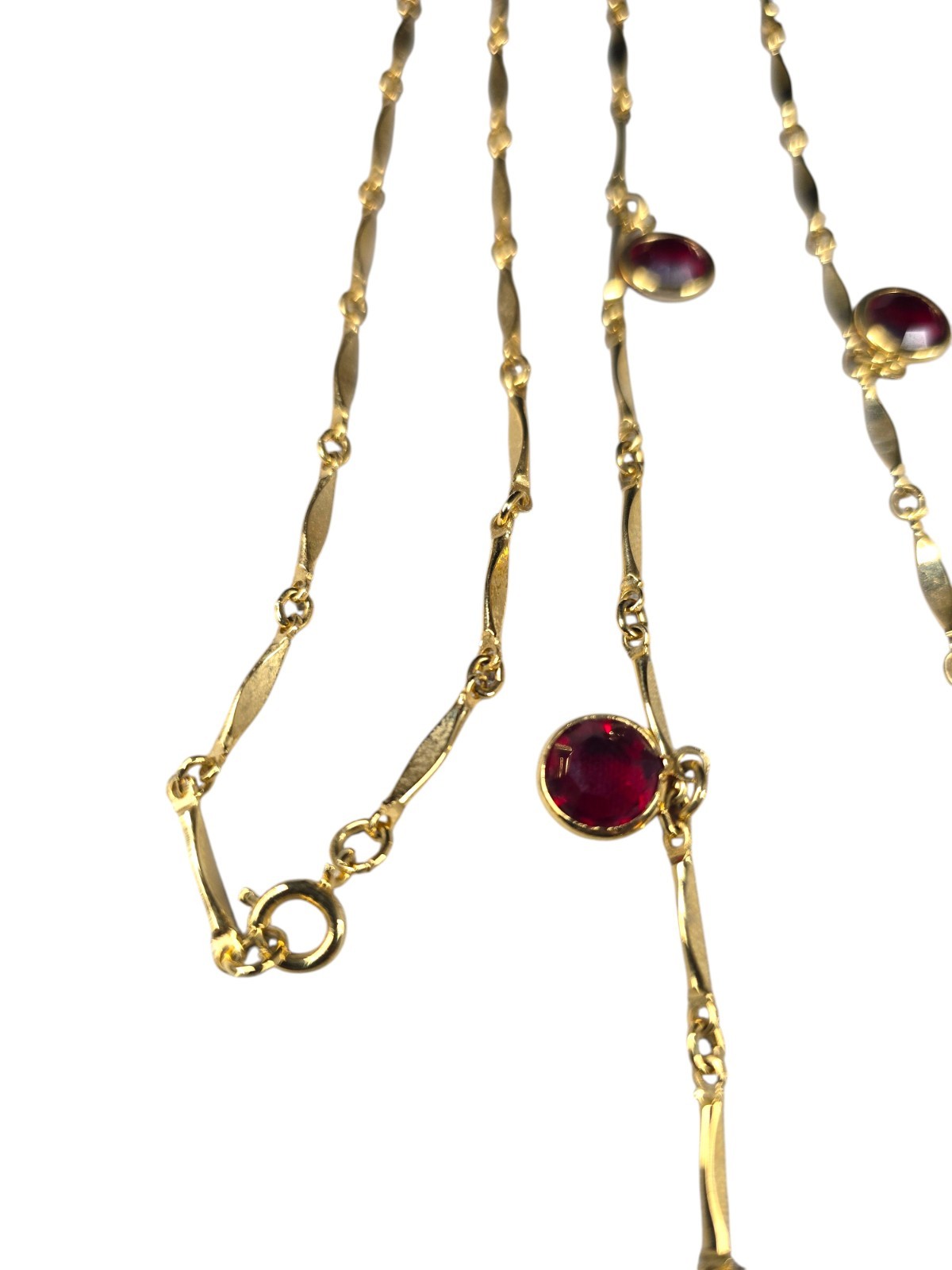 Vintage Gold Plated Red Dangle Charms Long Chain Necklace 30″
