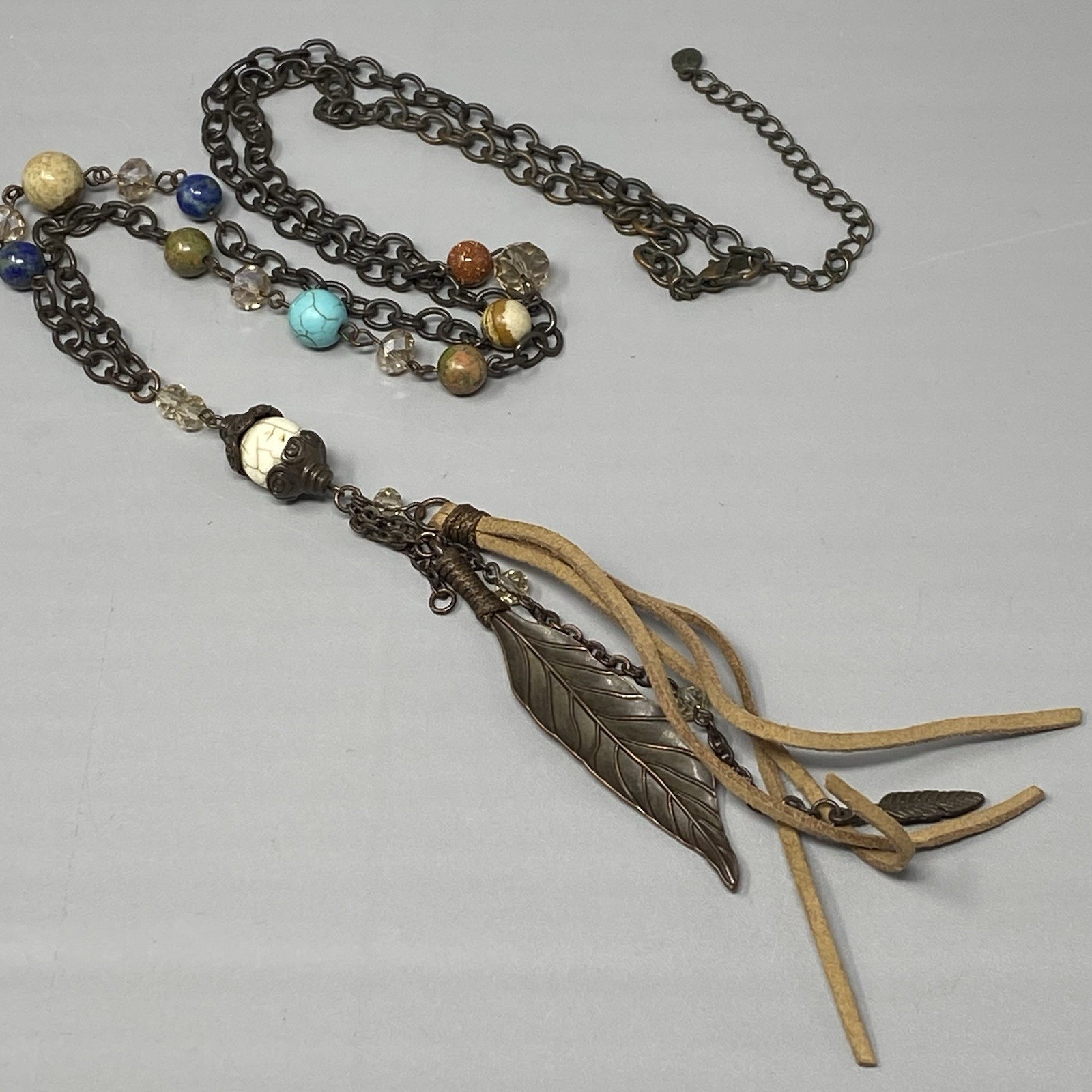 Bohemian Tassel Pendant Necklace Designer Assorted Gemstones Brown Chain 36″