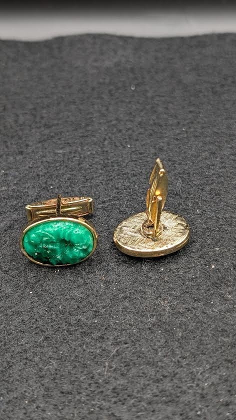 Vintage Jadeite Pair Green Glass Cufflinks Gold Tone Oval