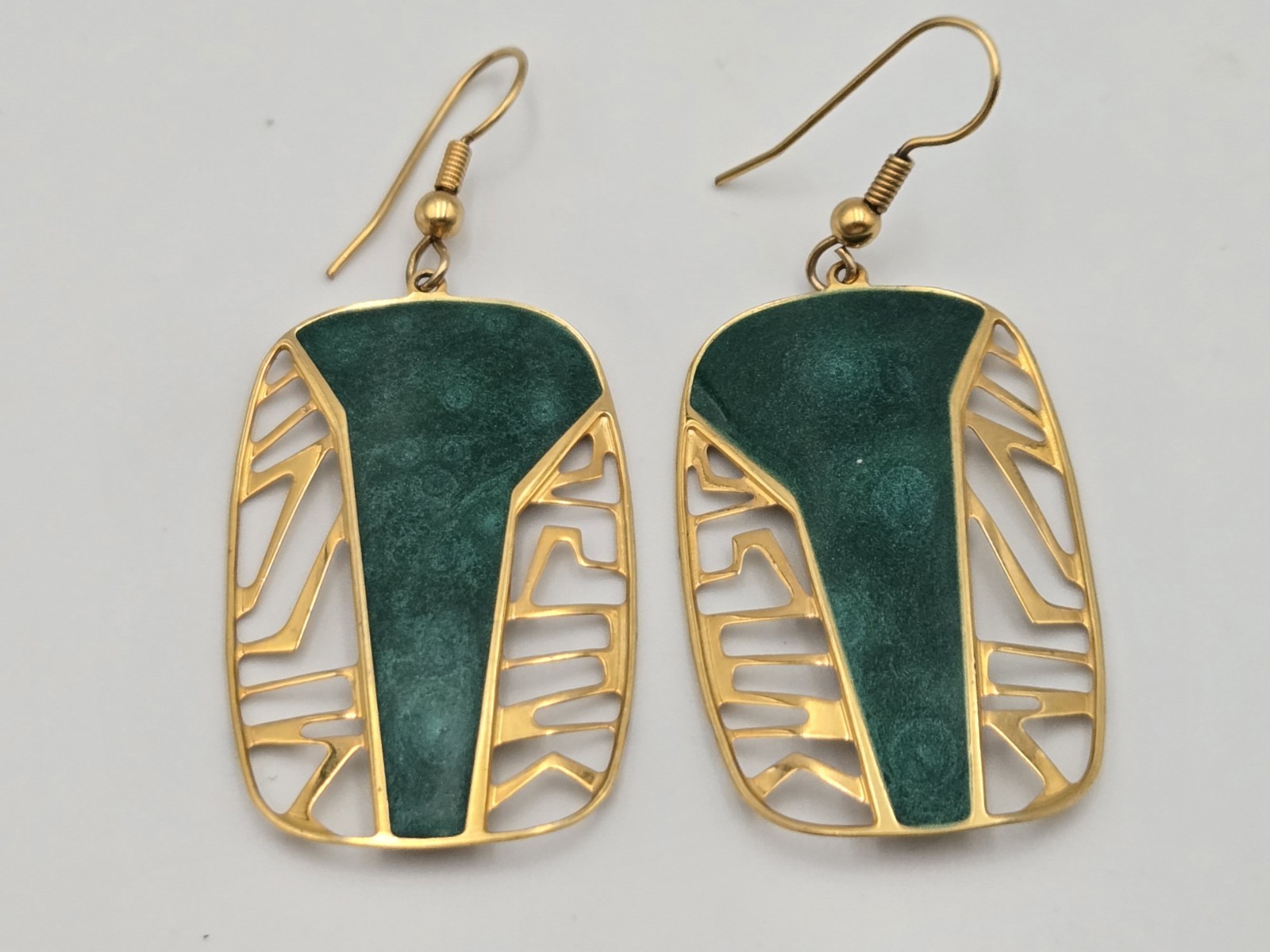 Edgar Berebi Vintage Art Deco Jade Green Enamal Dangling Gold Tone Earrings
