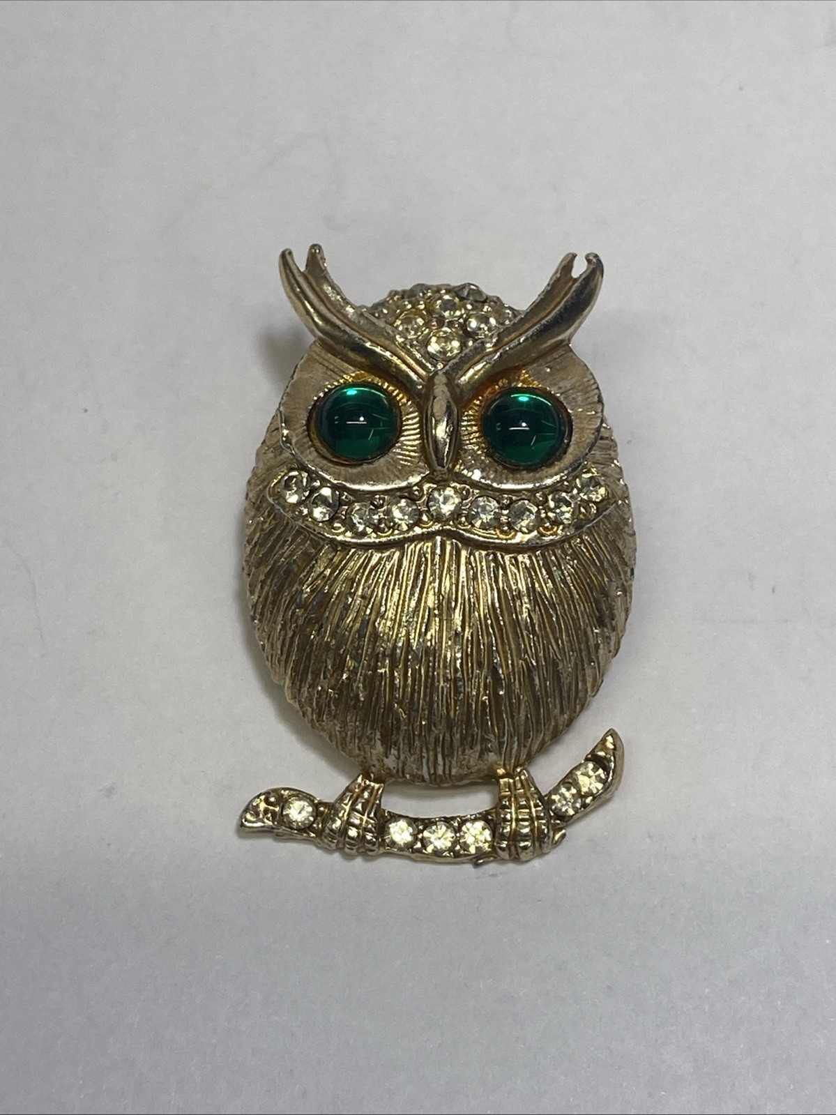 Vintage Gold-Tone Owl Brooch Pin with Green Glass Eyes Clear Rhinestone Accents