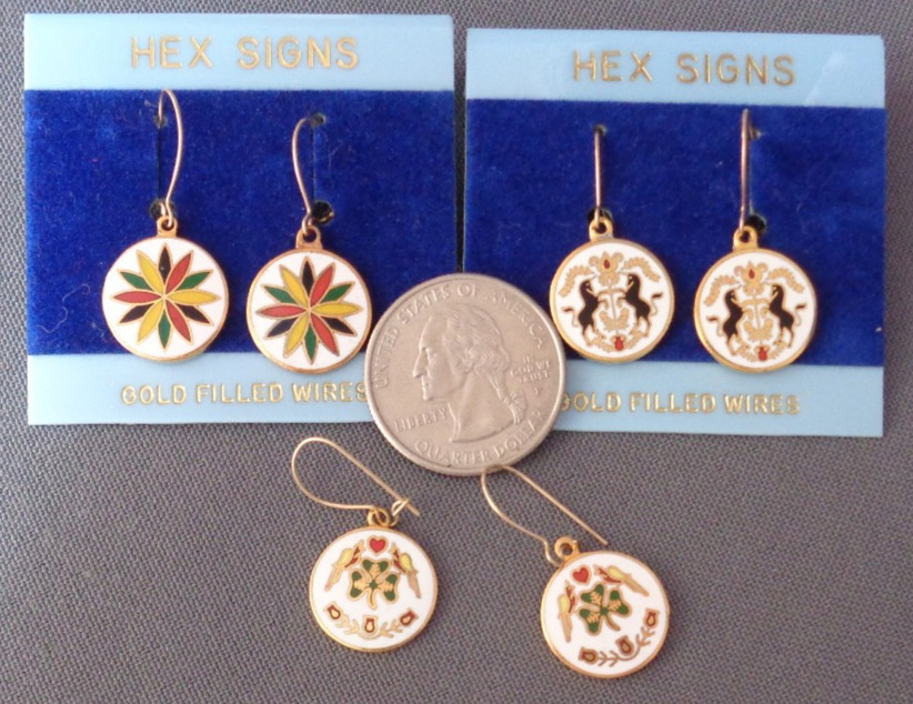3 Pair Vintage Hex Signs Dangle Earrings 12 Point Star Unicorn Shamrock Hoffman
