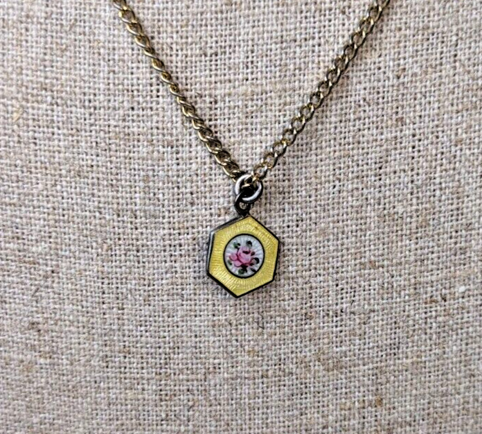 vintage gold tone chain necklace hexagon charm pendant floral silver tone 15″