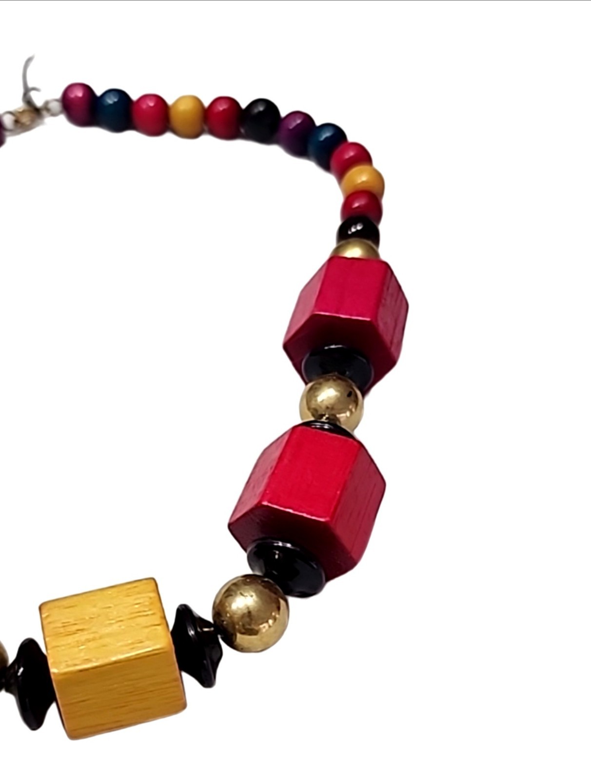 Vintage Natural Wood Bead Necklace Multicolor Chunky Statement Boho Artisan 14In