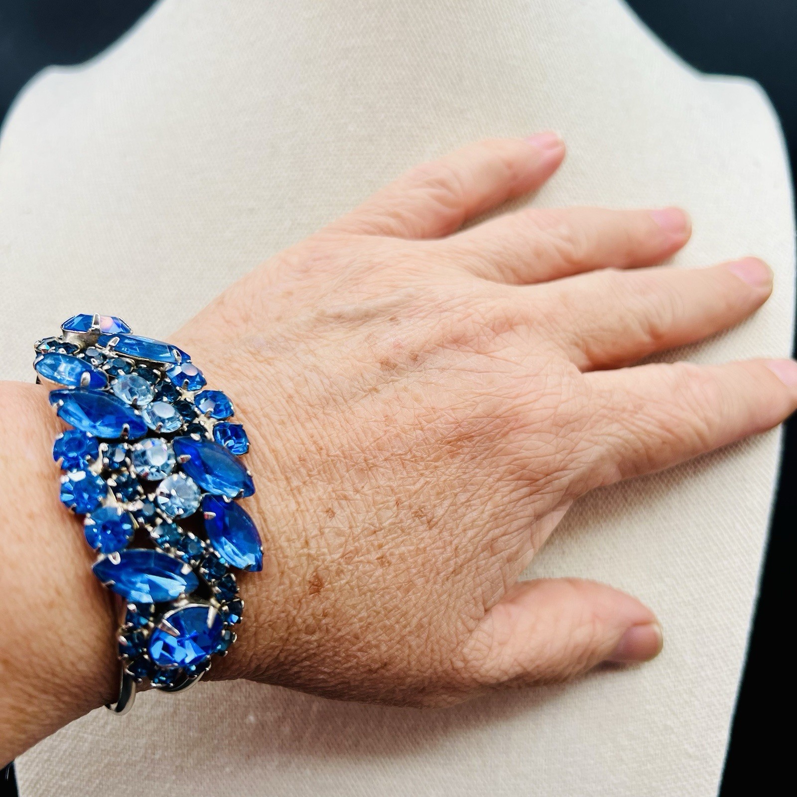 Vintage Blue Navette Rhinestone Hinged Bangle Bracelet SilverTone Statement Glam