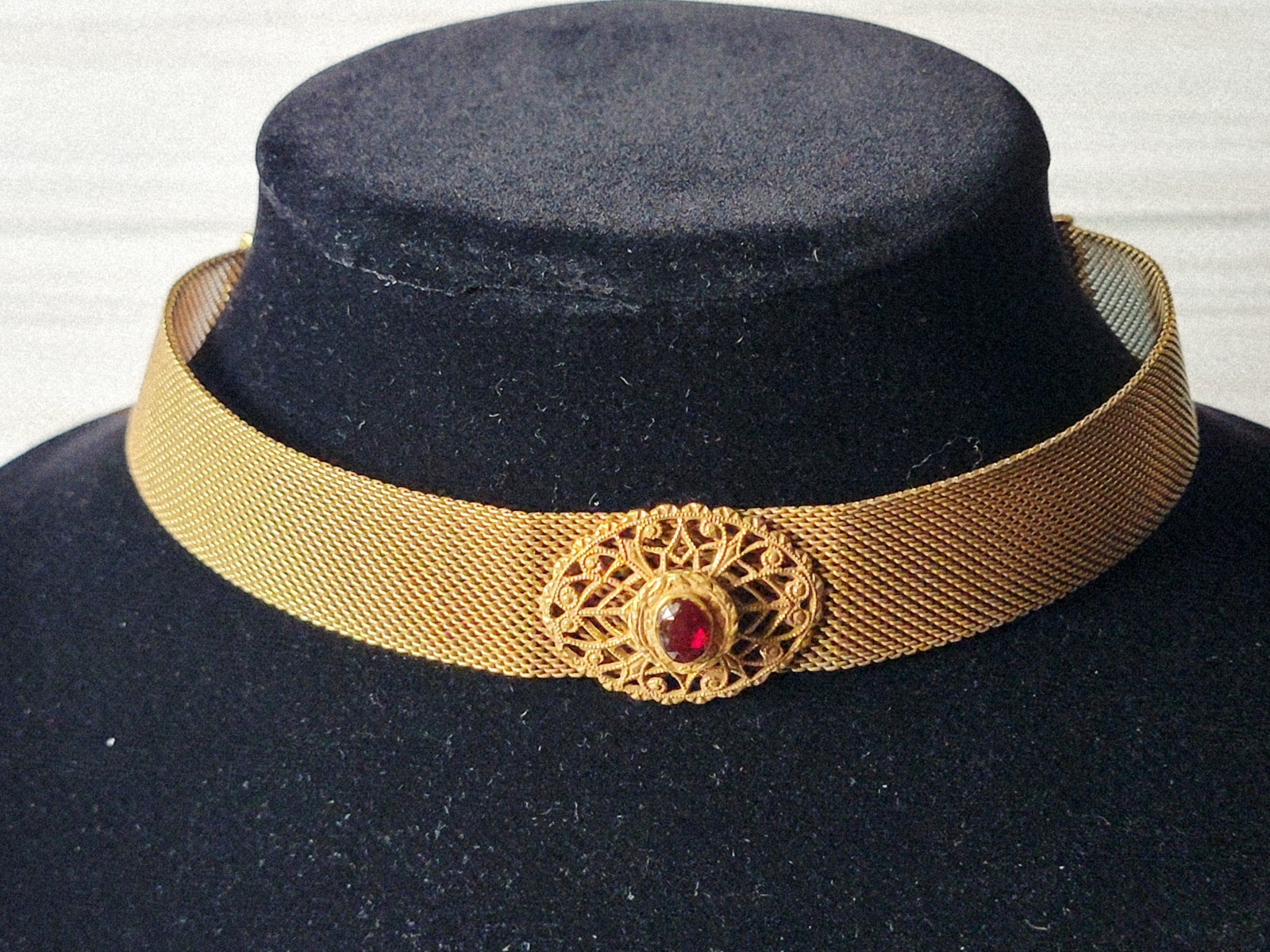 Vintage Mesh Necklace Gold Brass S-Hook Closure Red Stone Center