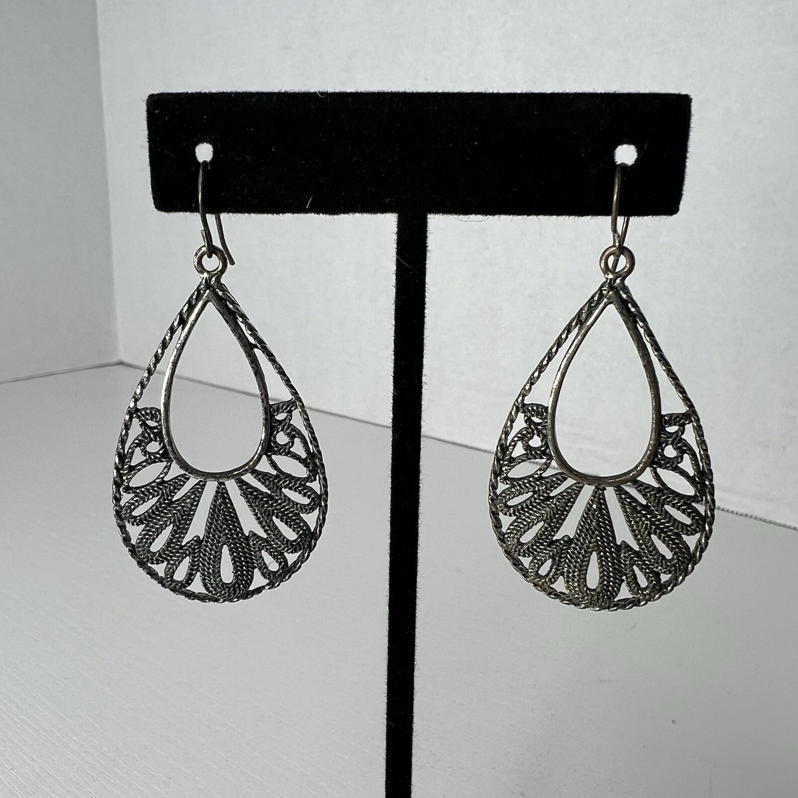 Filigree Tear Drop Dangle Earrings Dark Grey Hook 2 Inches Preowned