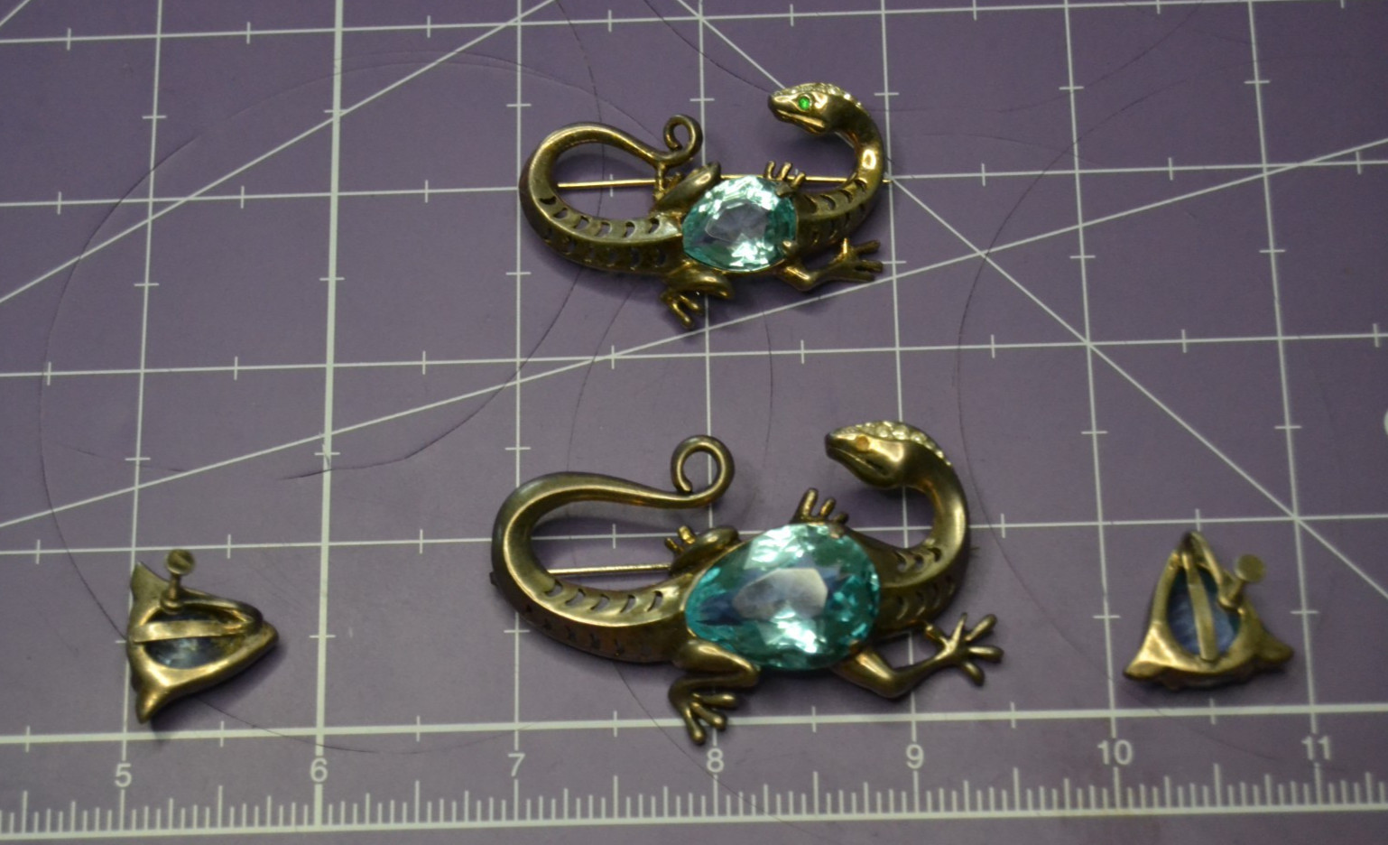 REJA Sterling SALAMANDER LIZARD Brooch Earrings AQUA GLASS BELLY Vtg Set Signed