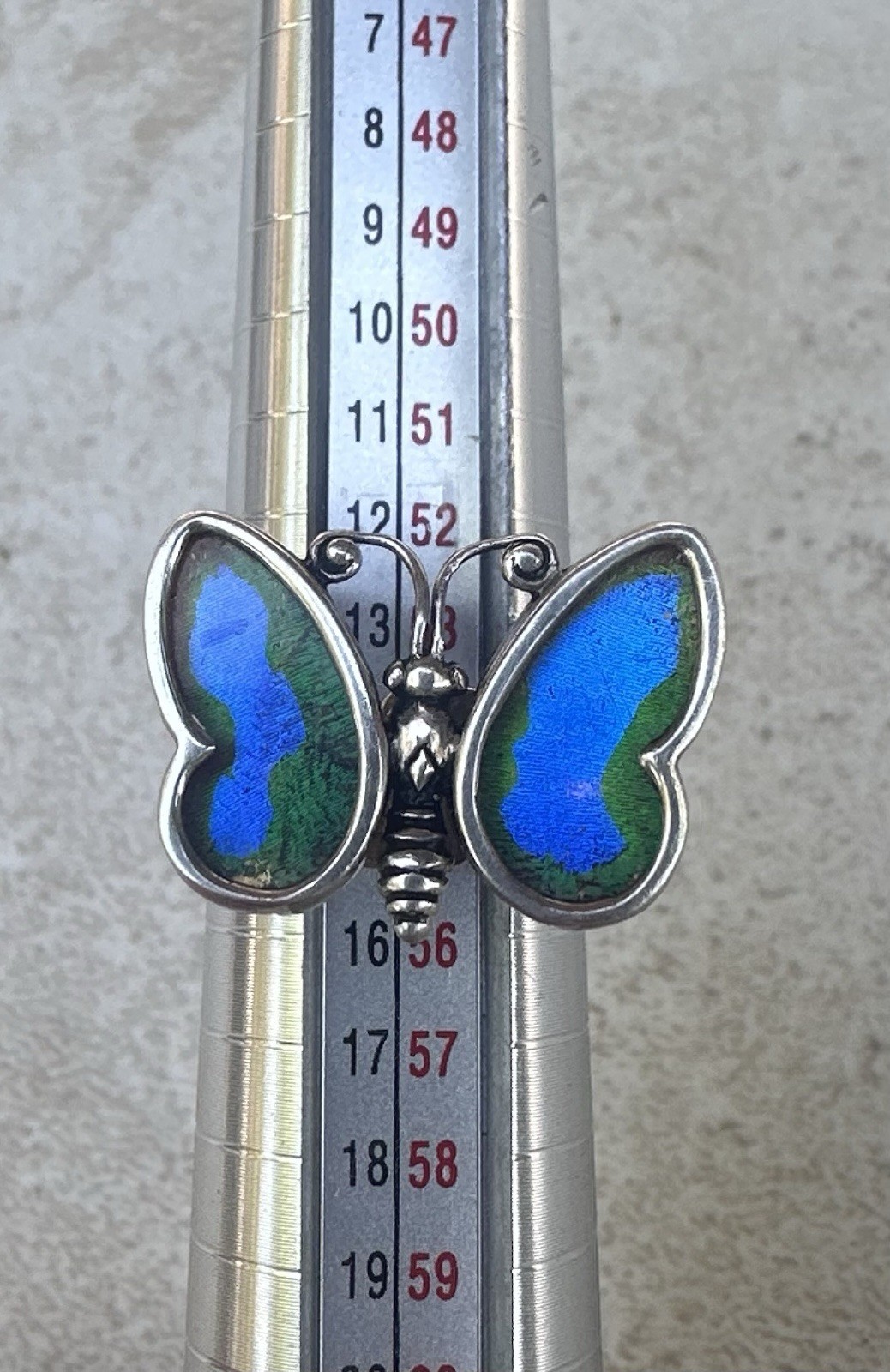 Designer Signed WC Peru 950 Sterling Silver Real Blue Butterfly Wing Ring Sz 7
