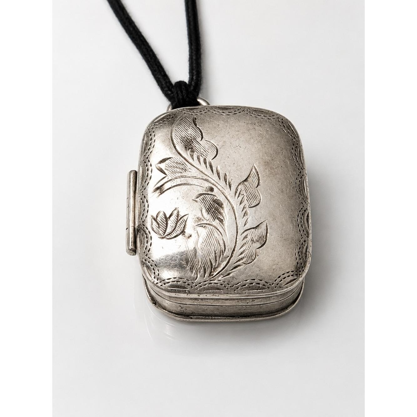 Antique Sterling Silver Pill Box Pendant Engraved Floral Keepsake Locket