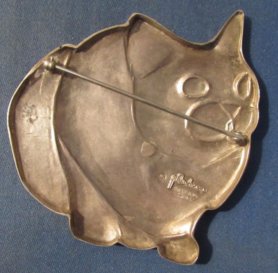 VINTAGE LARGE STERLING SILVER CAT BROOCH PIN SIGNED UNKNOWN MAKER SEE PHOTO 2