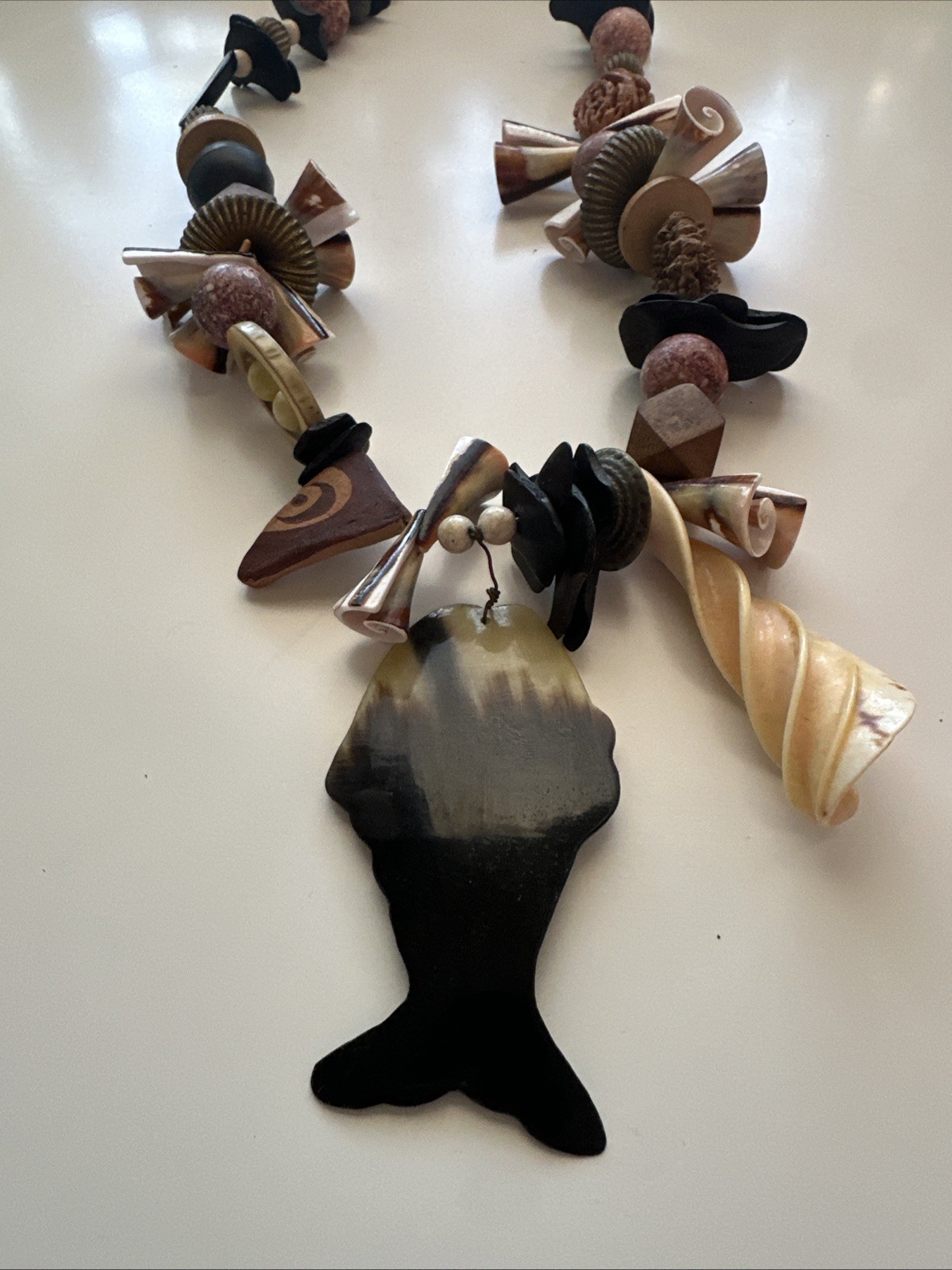 Vtg Polished Horn Fish Pendant Chunky Statement Necklace.See pics.