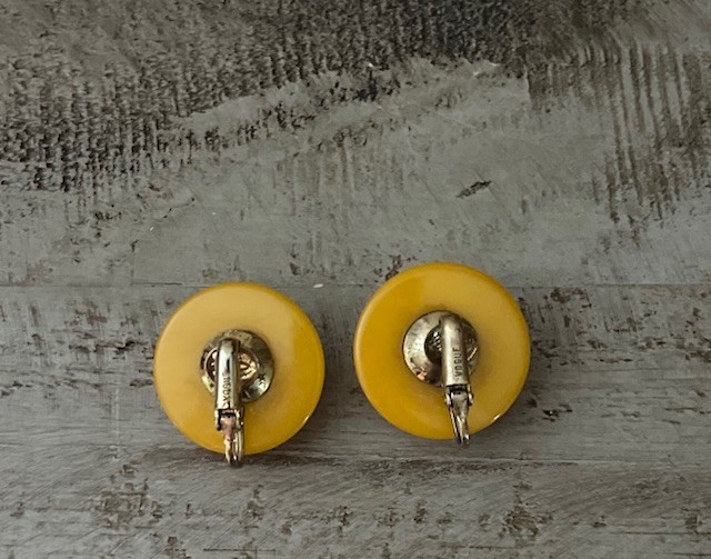 Vintage Signed Vogue Butterscotch Yellow Acetate Button Dome Clip On Earrings
