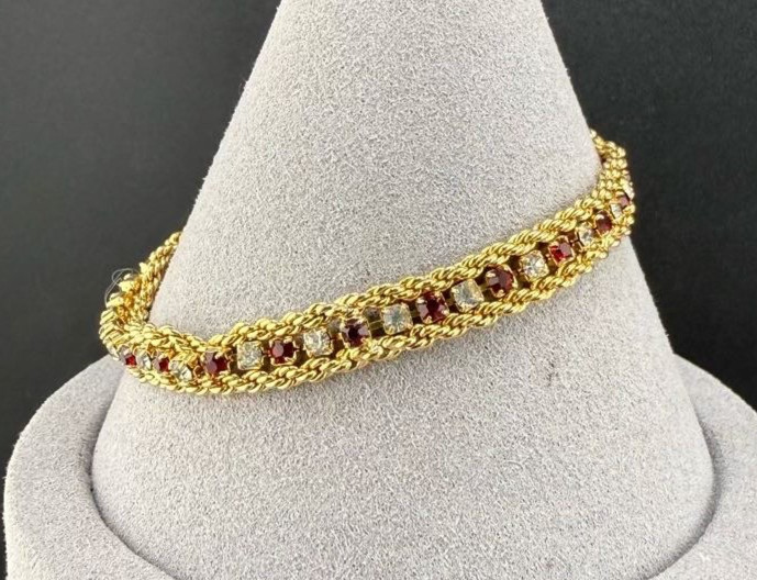 Vintage Tennis Bracelet Gold Tone Red White Rhinestone Dainty 6.5”