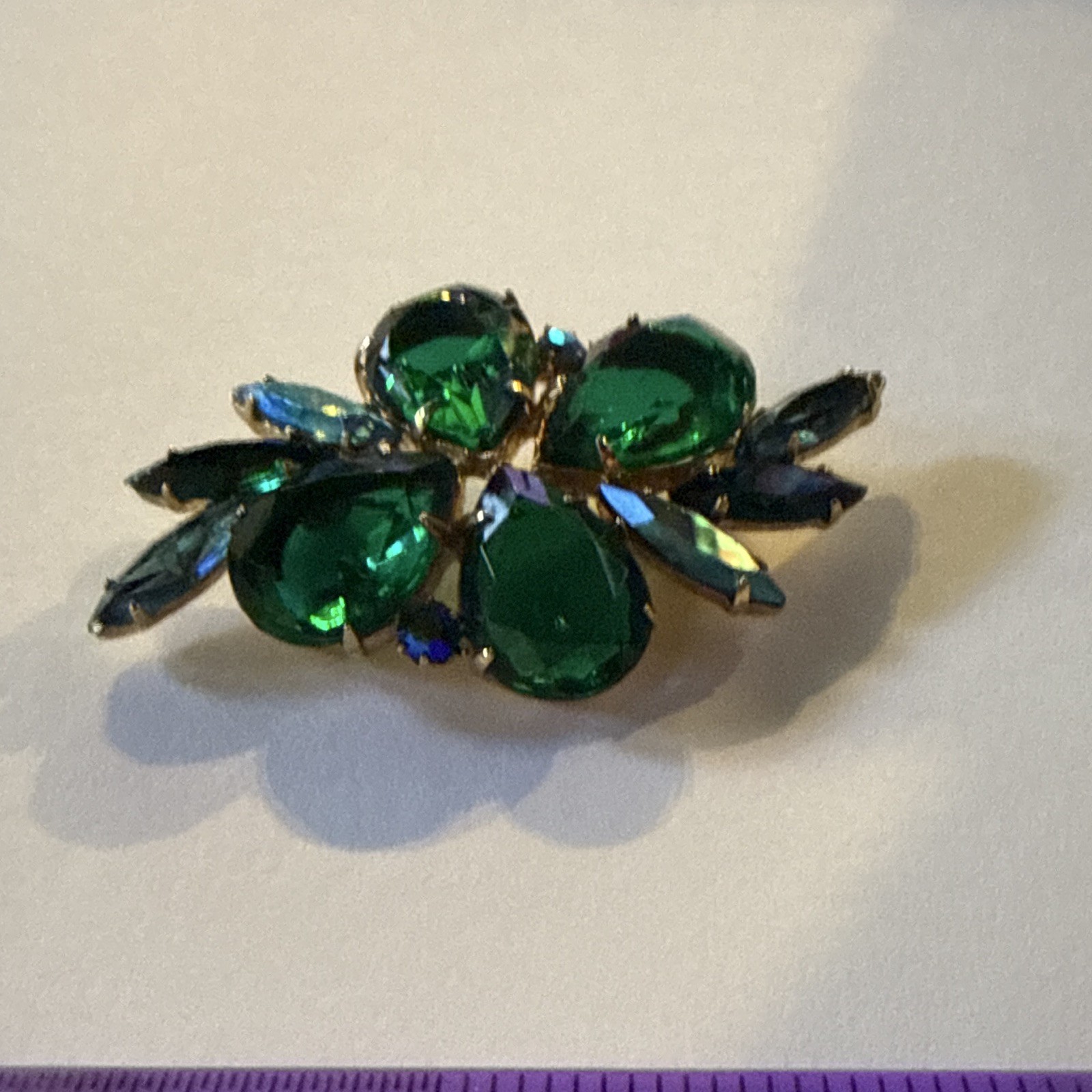 Vintage Green Flower Pearcut Large Center Rhinestone Framed by Navette
