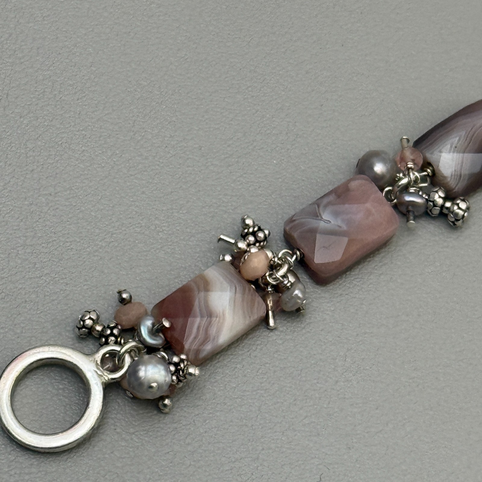 Artisan 925 Sterling Silver Banded Agate Pearl Bracelet Toggle Clasp 7″ Vintage