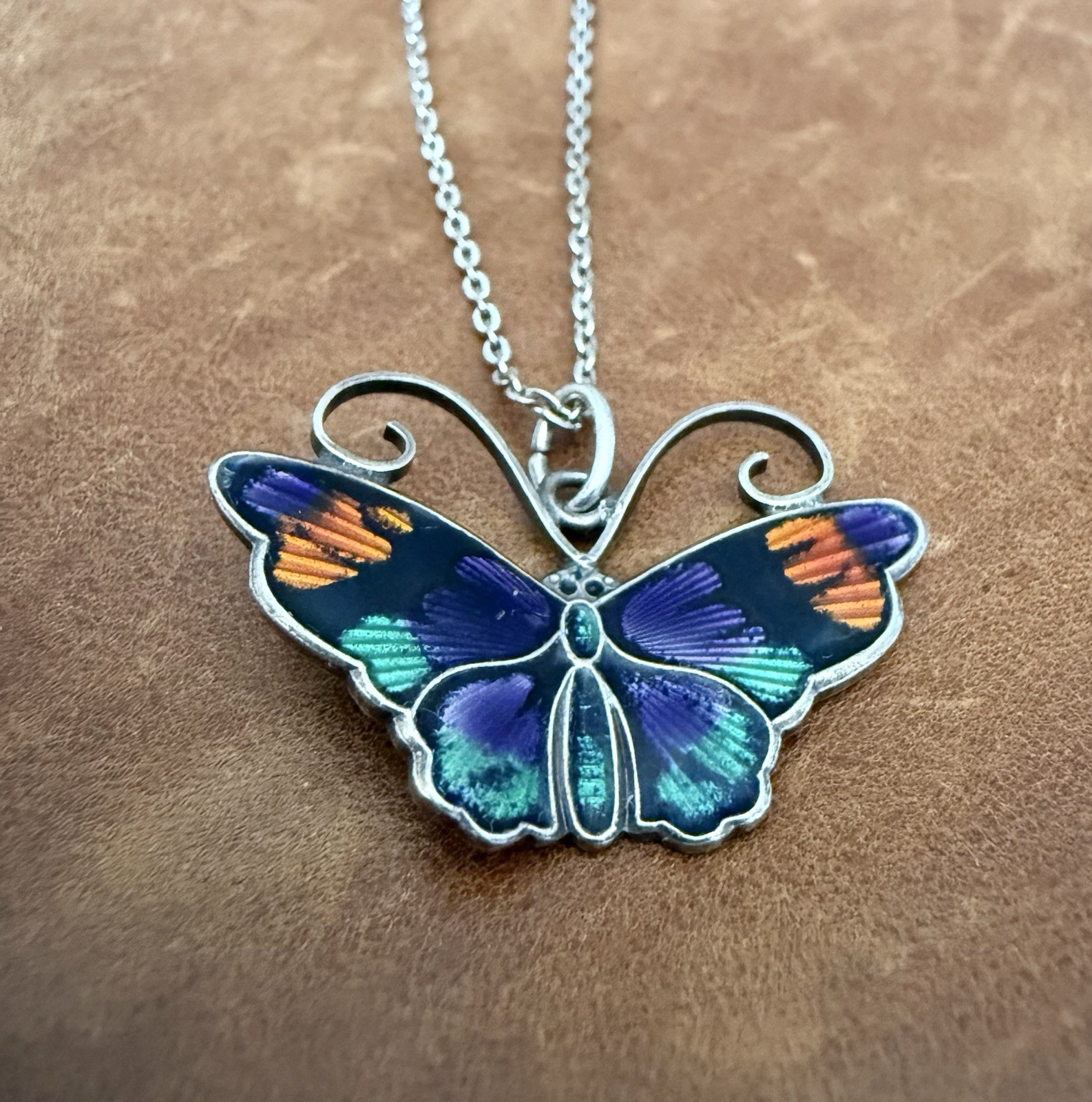 David-Andersen 925S Multi-Color Guilloche Enamel Butterfly Pendant Necklace 18”