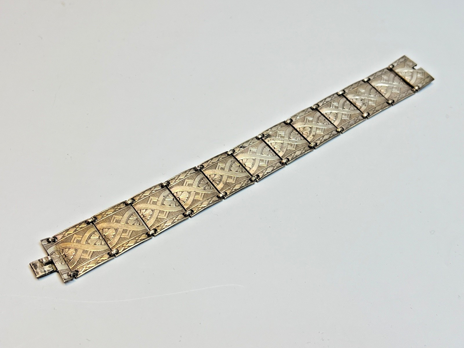 Antique German 835 Silver Art Deco Link Panel Bracelet Geometric Flowers