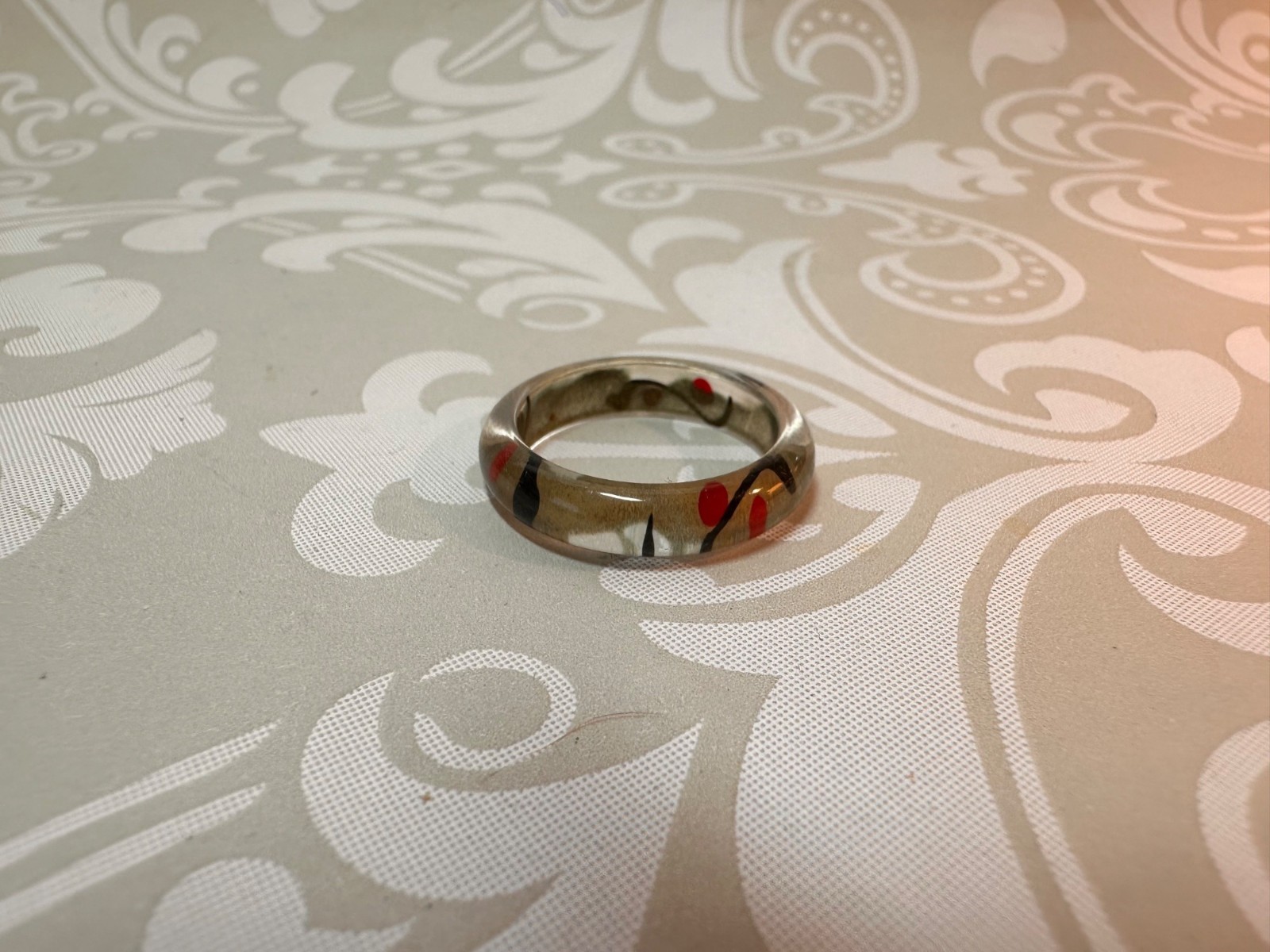 Thin Lucite Band Ring Red and Black Abstract Design Size 7.5