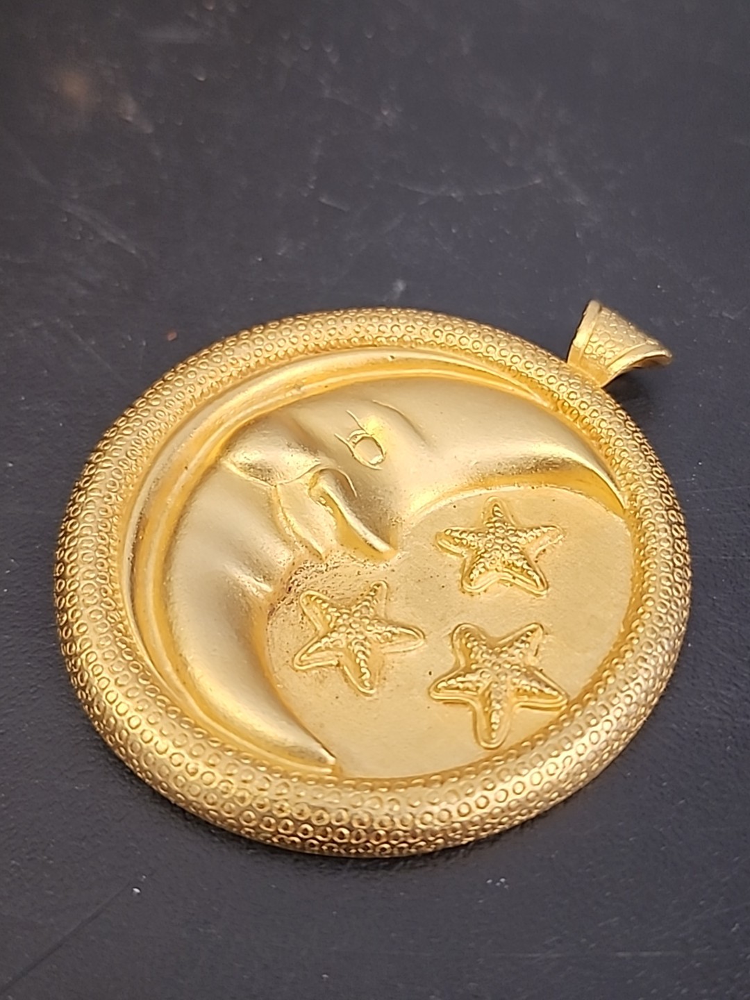 Vintage Gold Tone Satin Finish Crescent Moon Stars Large Medallion Pendant