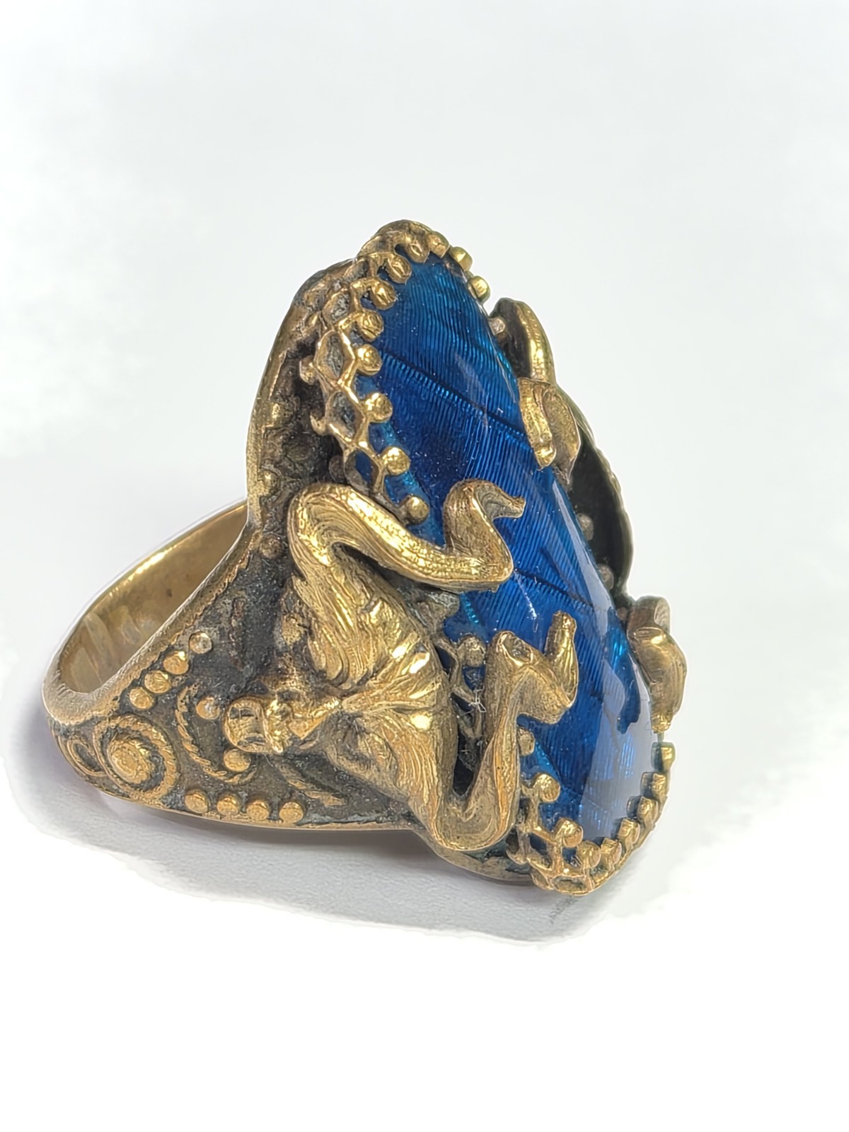 Antique Art Deco Blue Morpho Butterfly Wing Green Man? Pan? Czech? Ring Devil