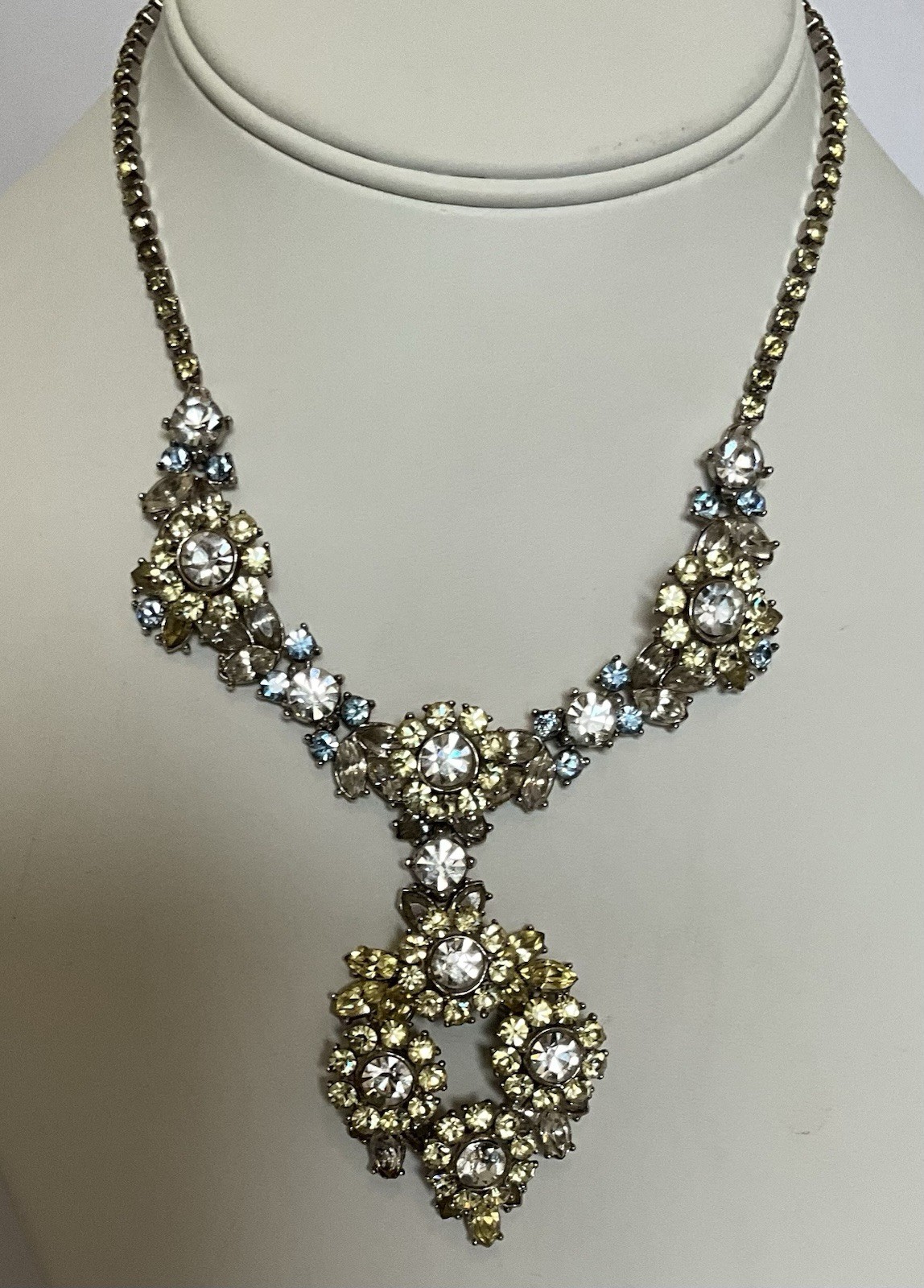 Vintage Signed Trifari Necklace Yellow Blue Clear Gray Rhinestones Flower Drop