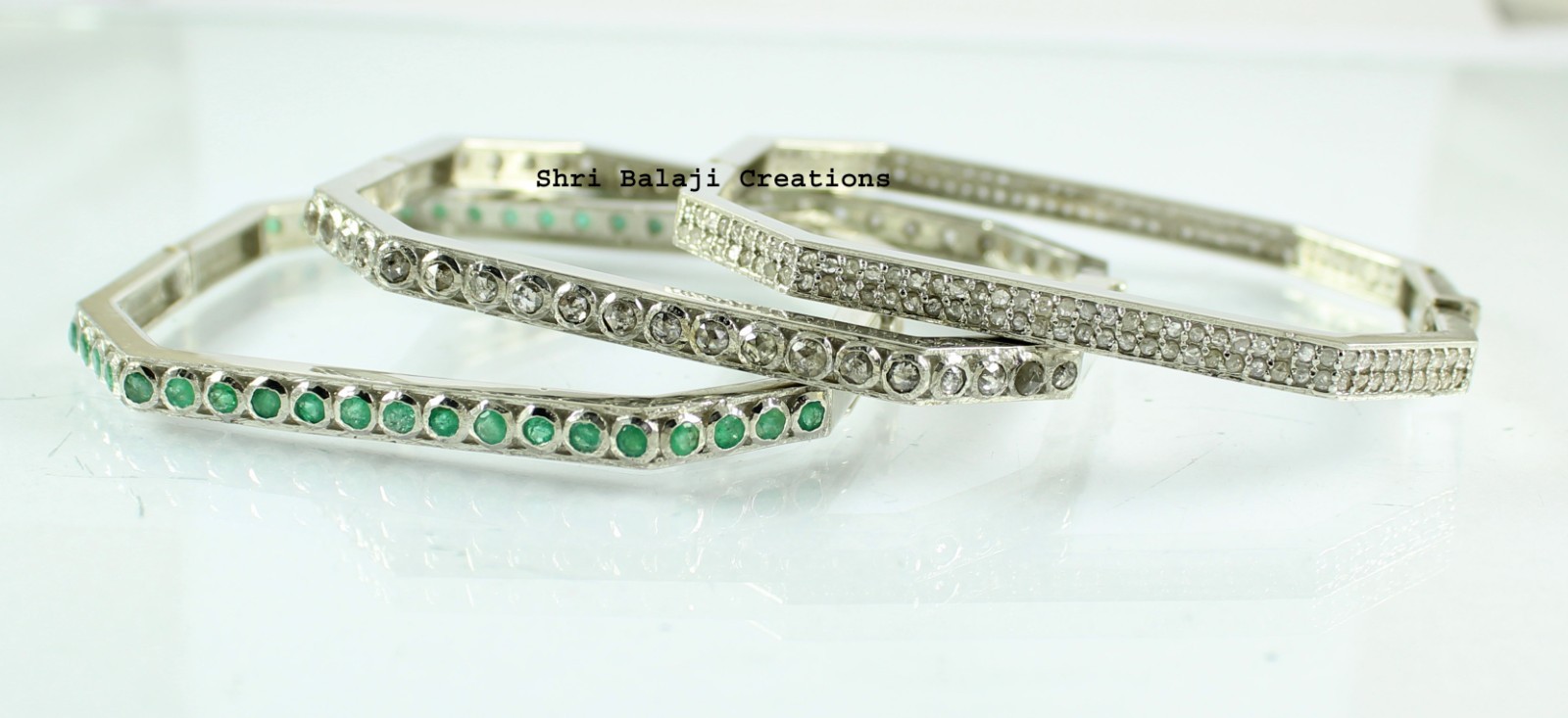Natural Rosecut Diamond Emerald 925 Sterling Silver Bangle Jewelry