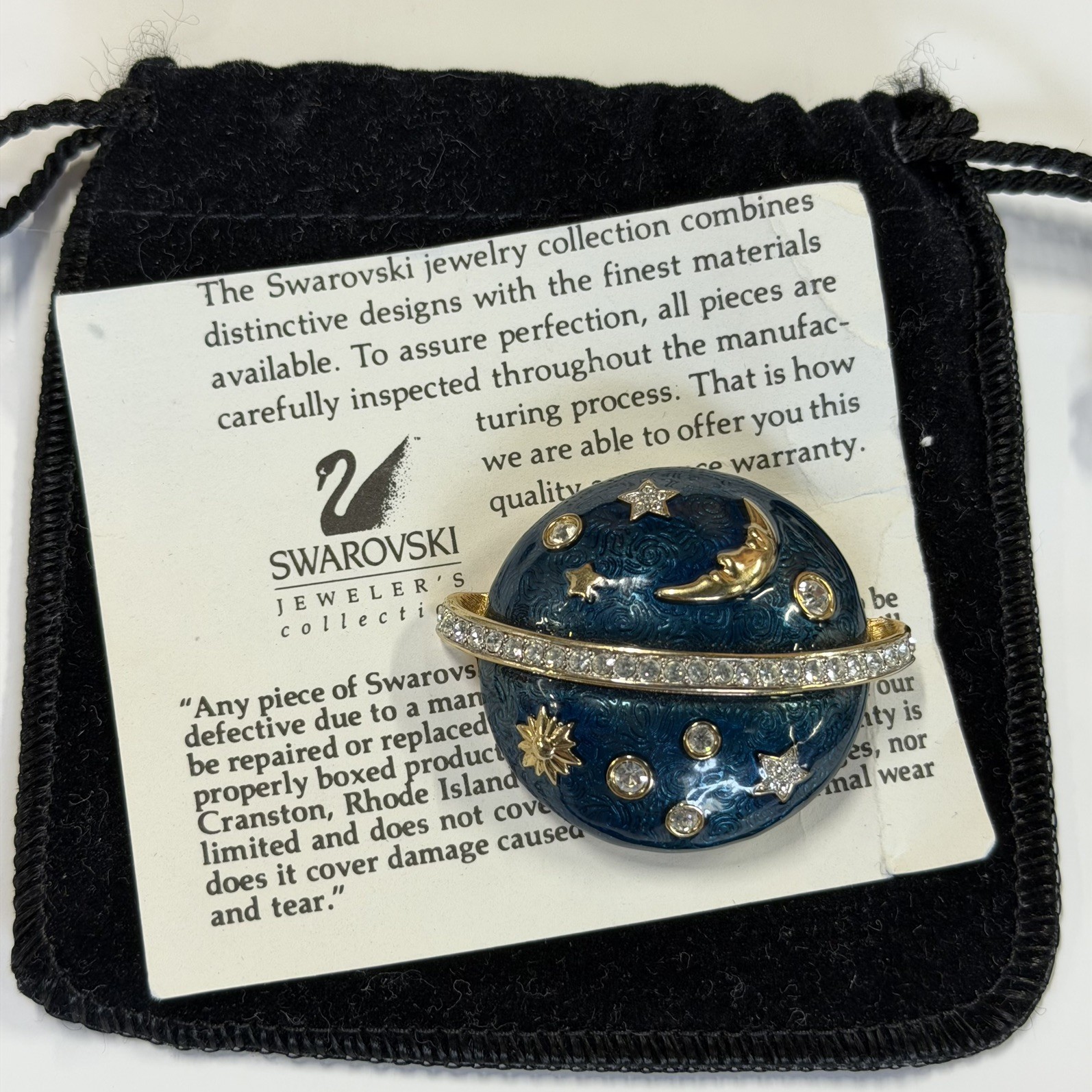 Swarovski Celestial Moon & Stars Blue Enamel, Signed Crystal Dome Brooch Pin.