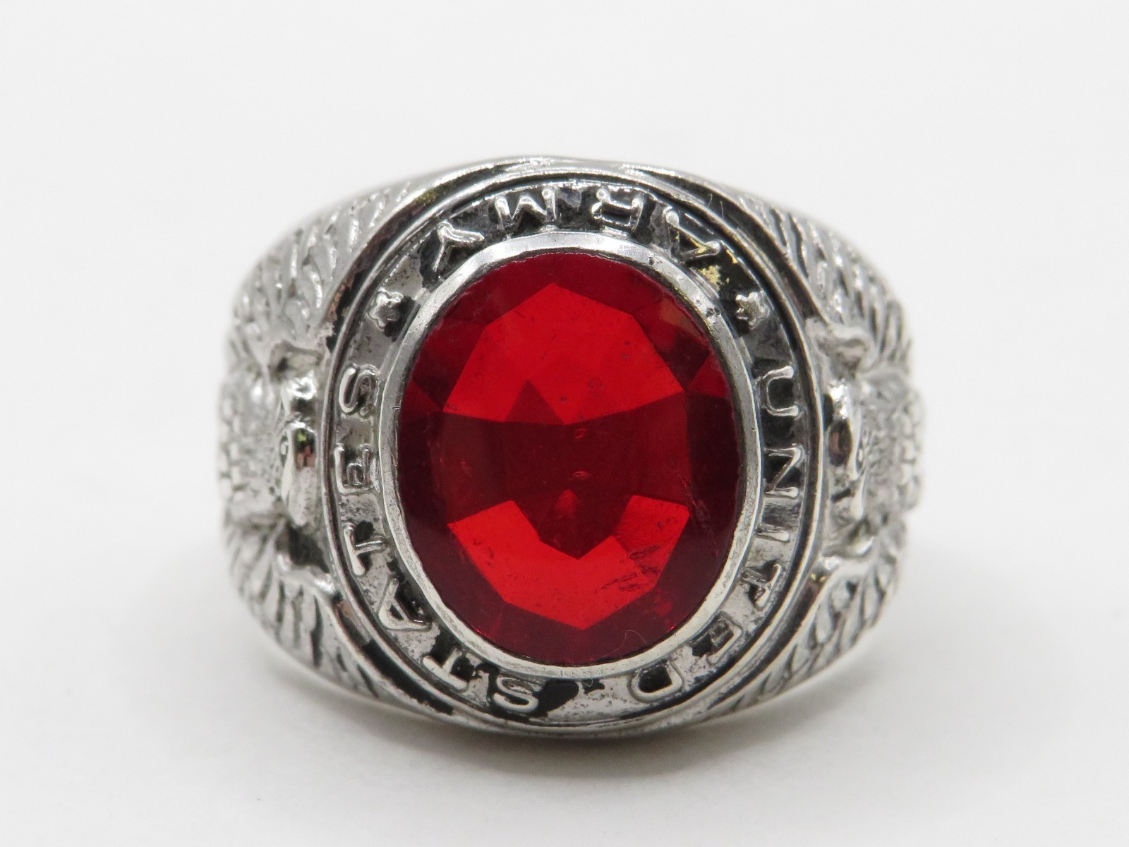 VINTAGE STERLING SILVER CREST CRAFT RED STONE UNITED STATES ARMY RING SIZE 9**