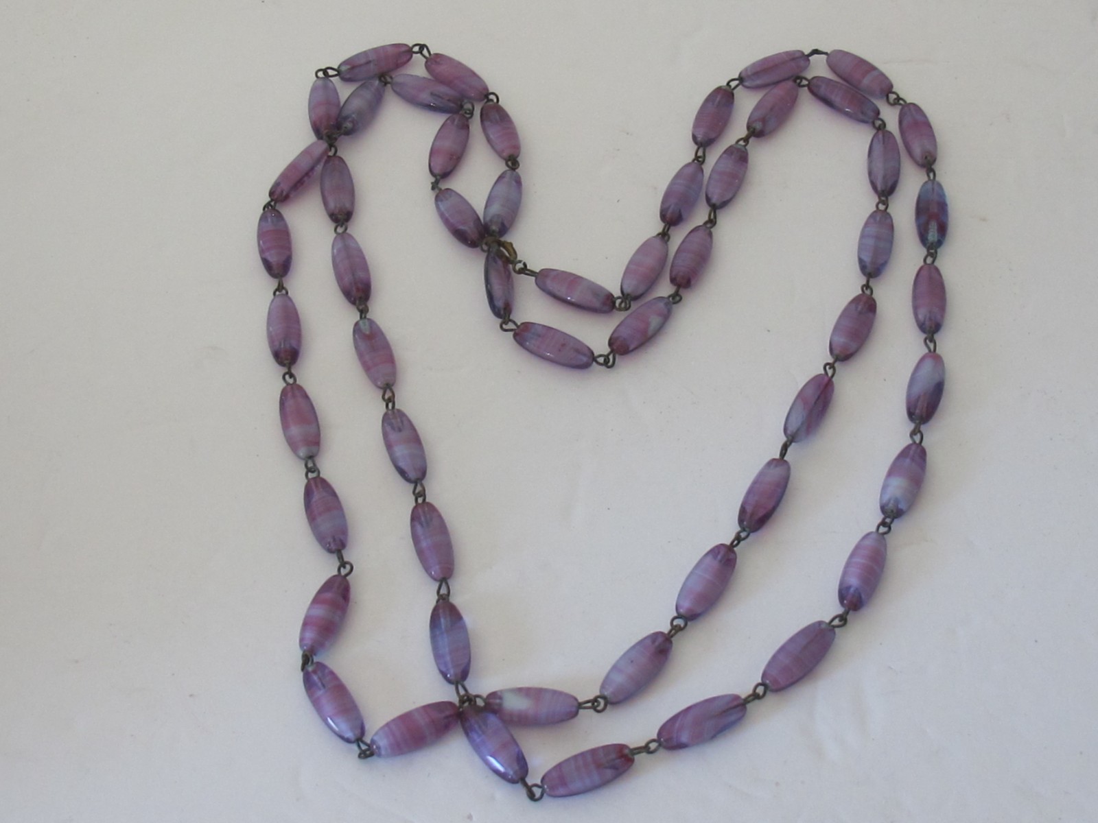 Vintage Antique Czech Agate Glass Bead LONG 54″ Necklace Flapper Purple Swirl C7