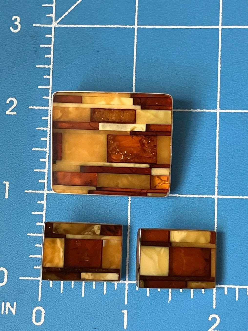 Vintage Baltic Amber Brooch Earring Clip On Set Mosaic Sterling Silver