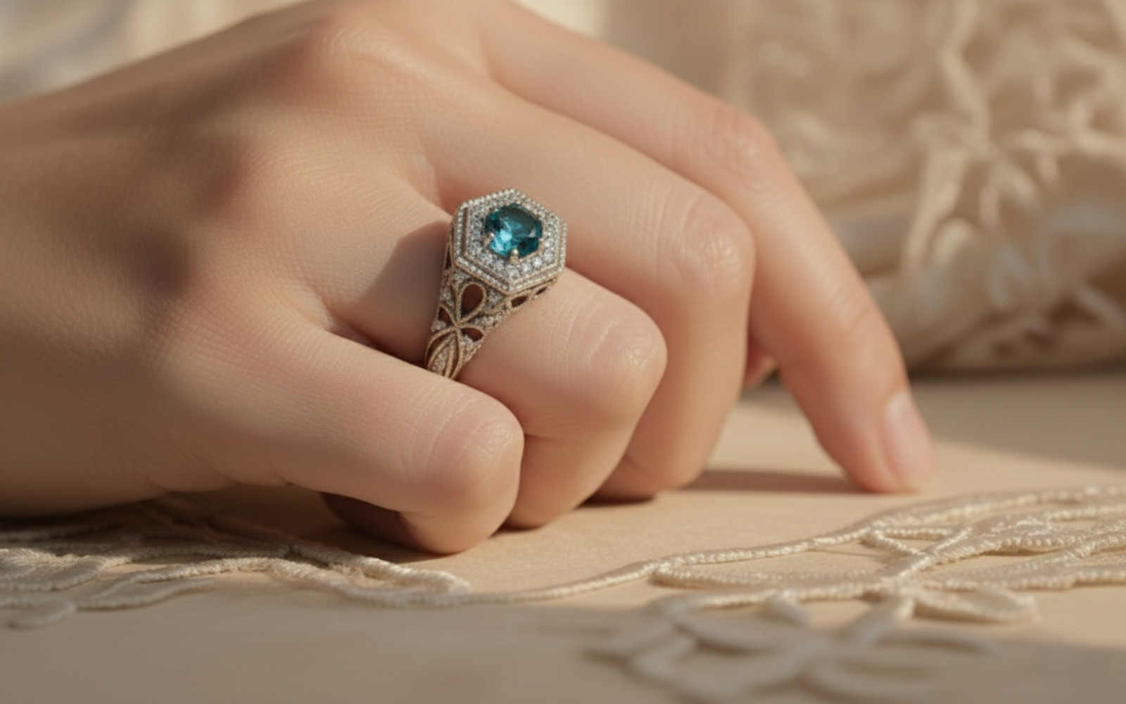 Filigree Art Deco Vintage Inspire Classic Wedding Ring 925 Silver Aquamarine CZ