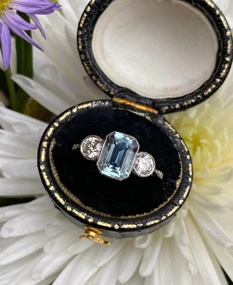 Art Deco Style 2.55Ct Lab Created Aquamarine Engagement 14K White Gold FN Ring