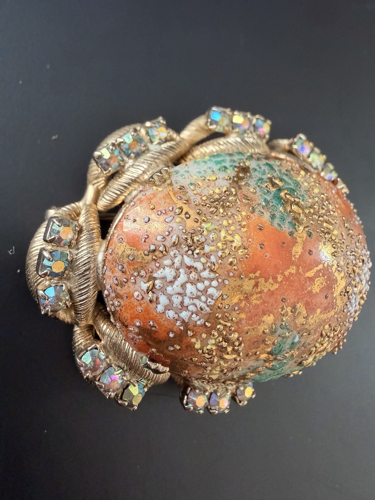 Vintage Easter Egg Orange Glass Cabochon and Clear Crystal Gold Tone Brooch