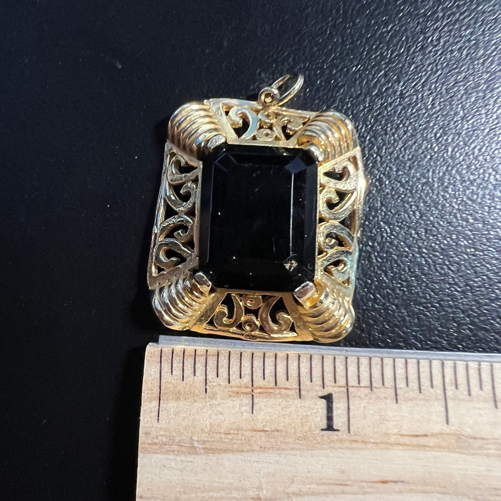 Vintage Edlee Pendant Dark Red Glass Ornate Open Scroll Gold Tone Rectangle