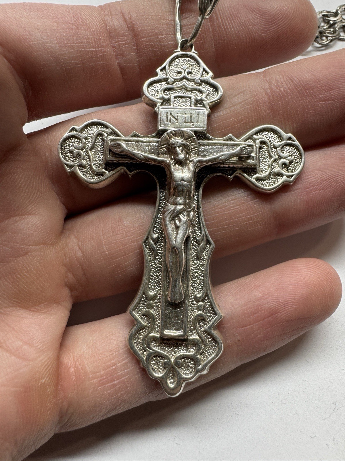 Huge 925 Sterling Silver Orthodox Cross & 25″ Bismarck Chain Set 49g Russia