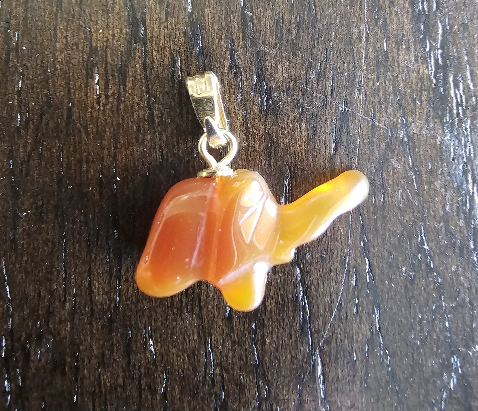 Vintage Carved Carnelian Agate Elephant Charm Pendant Lucky Trunk Up Gold Tone