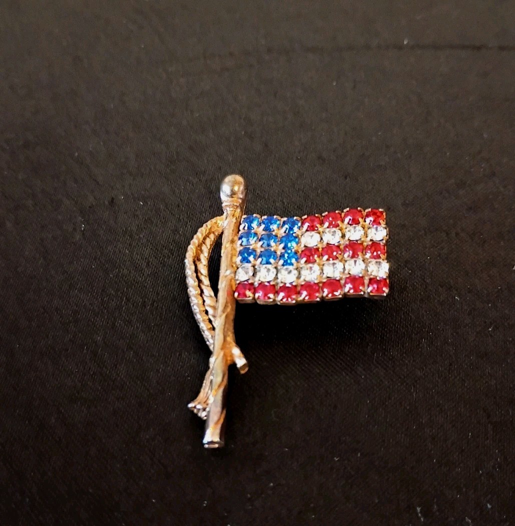 Vintage Red-White-Blue Rhinestone American Flag Pin w/Gold Tassel