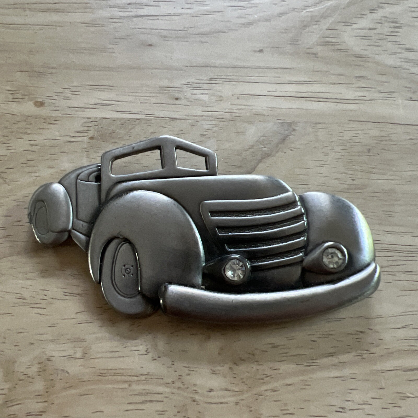 Vintage Convertible Car with Rhinestone Head Lights Silver Tone Metal Roadster