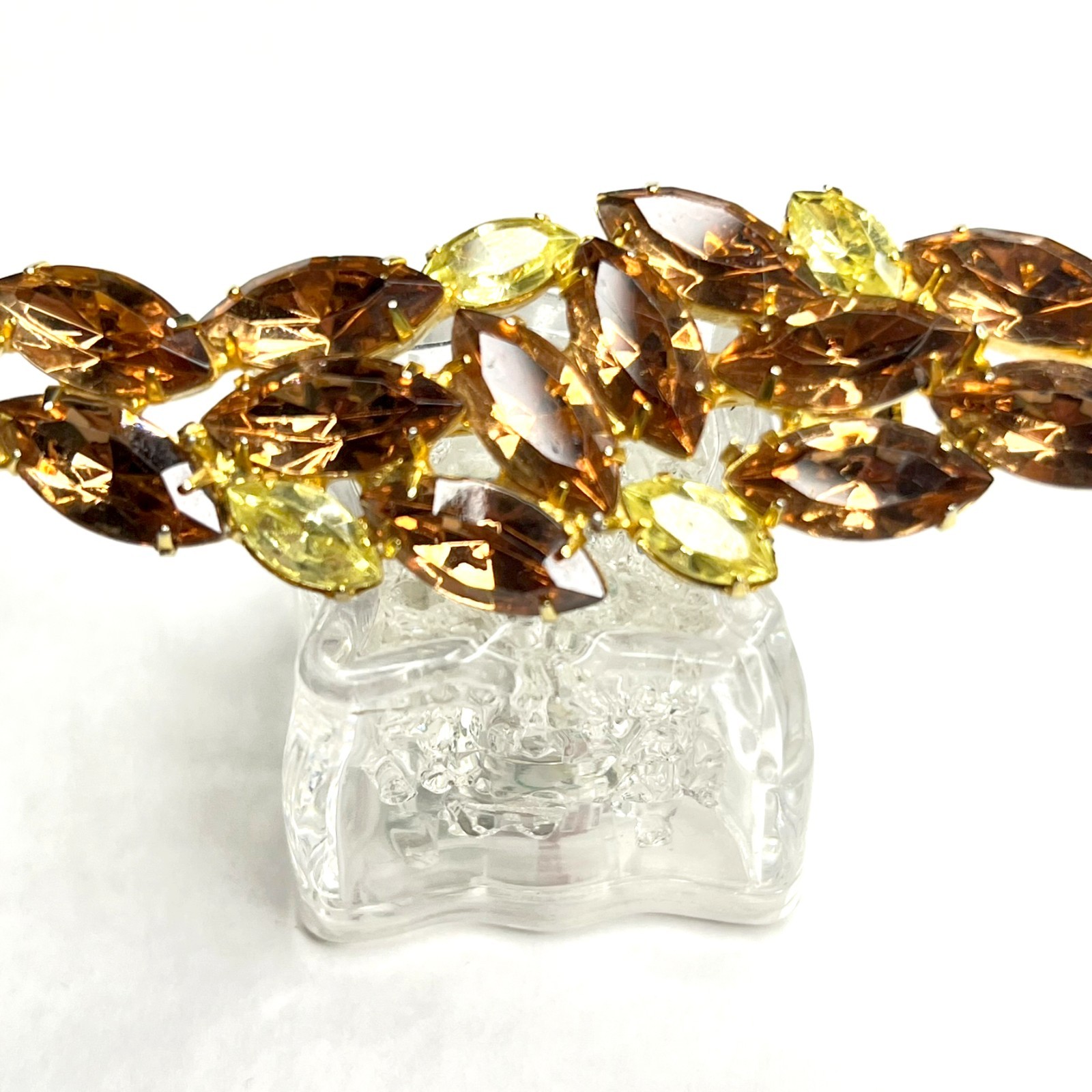 Large VTG Juliana? Leaf Flame Swoosh Brown Yellow Navette Rhinestone Pin Brooch