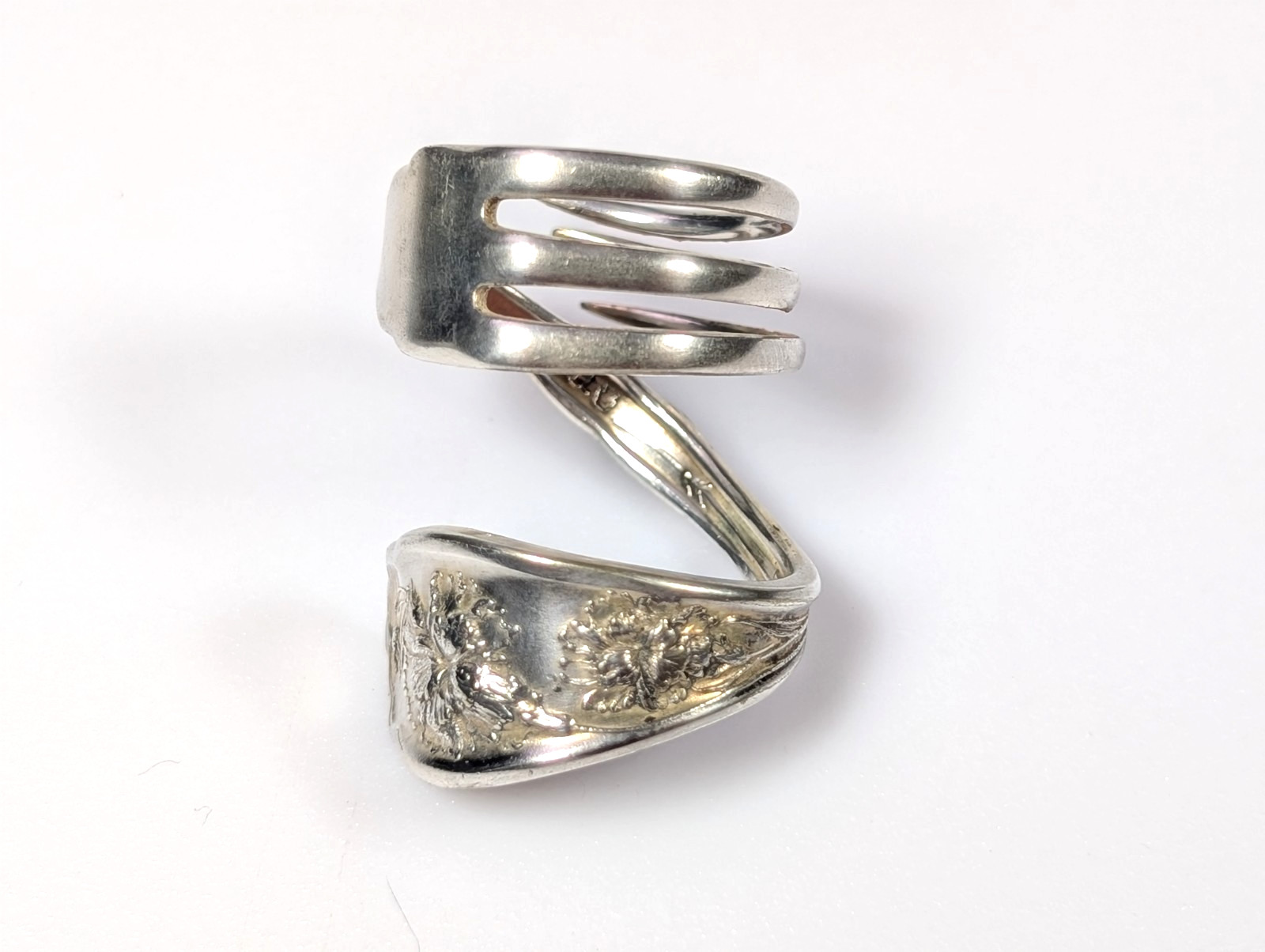 Vtg Silver-Plated William Rogers Oneida Fork Ring Floral Full Bypass Wrap Ring