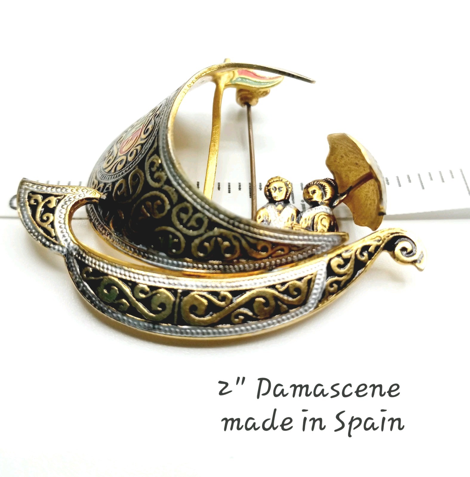 Vintage Gold Tone Damascene Brooch Spanish Ship Signed Spain