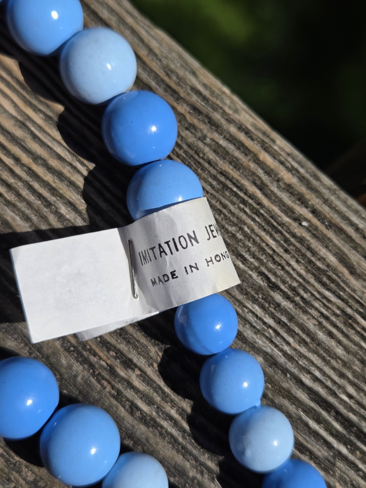 Vintage Hong Kong Blue Plastic Beaded Necklace Graduated Long Chunky Deadstock