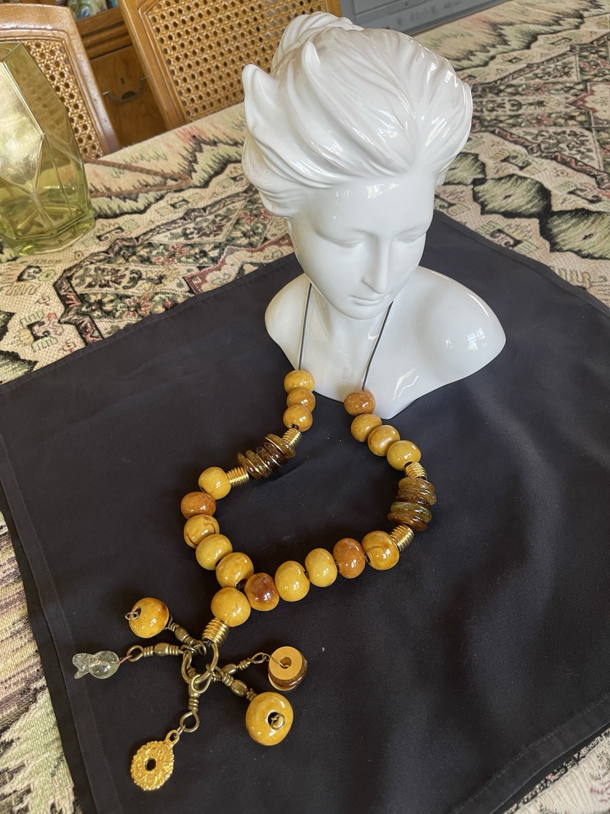 Variegated Honey Colored Egg Yolk Large Bead Tasseled Necklace Brass Spacers EXC
