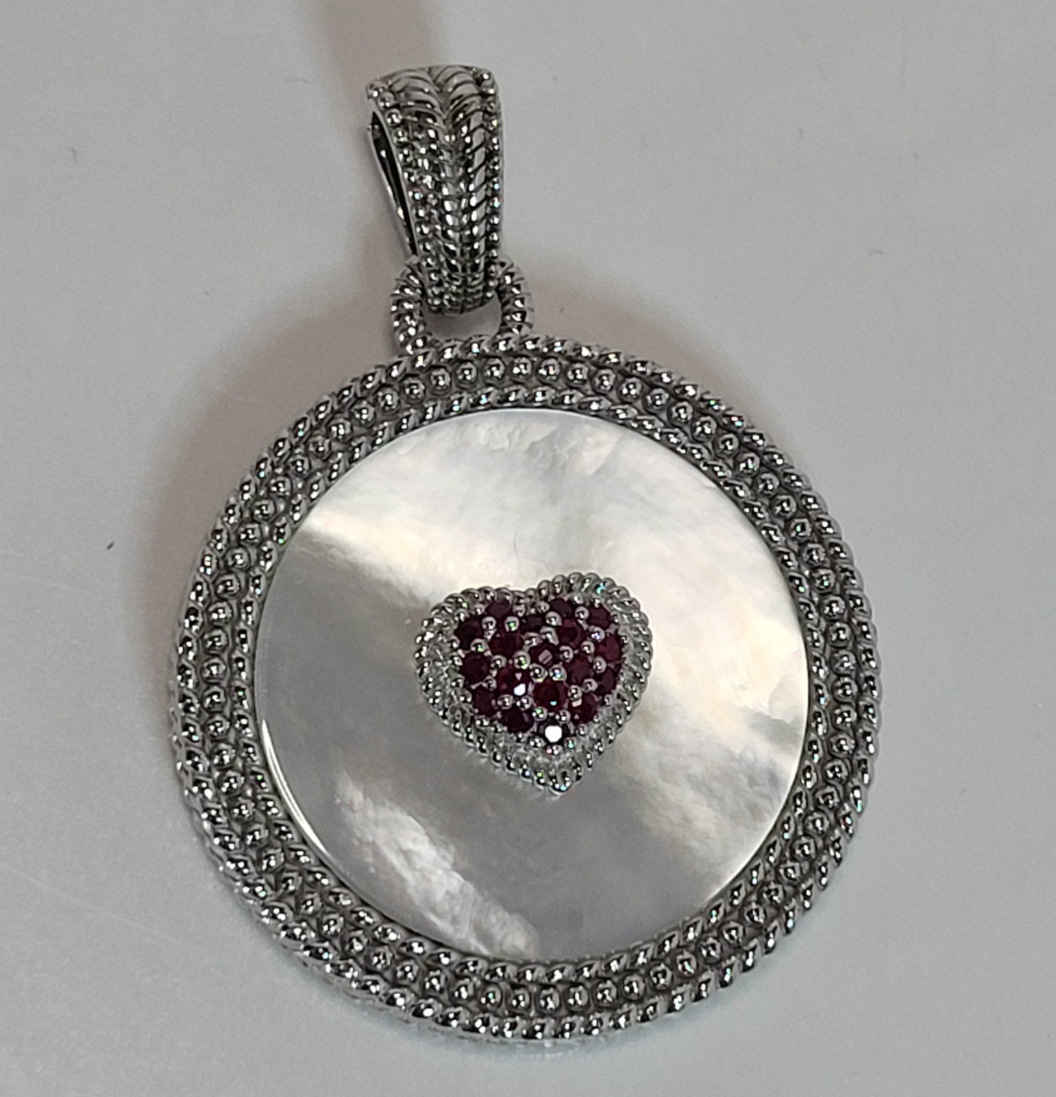 Judith Ripka Round MOP Sterling Enhancer Pendant w/ Pave Ruby Heart